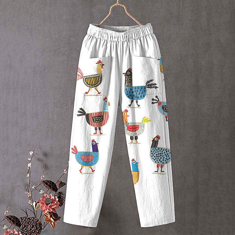 Comstylish Farm Chicken Art Print Linen Blend Pocket Pants