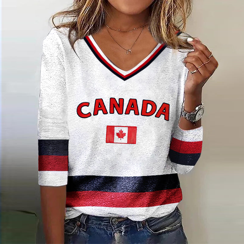 Comstylish Vintage Canadian Flag Patchwork Print V-neck T-shirt