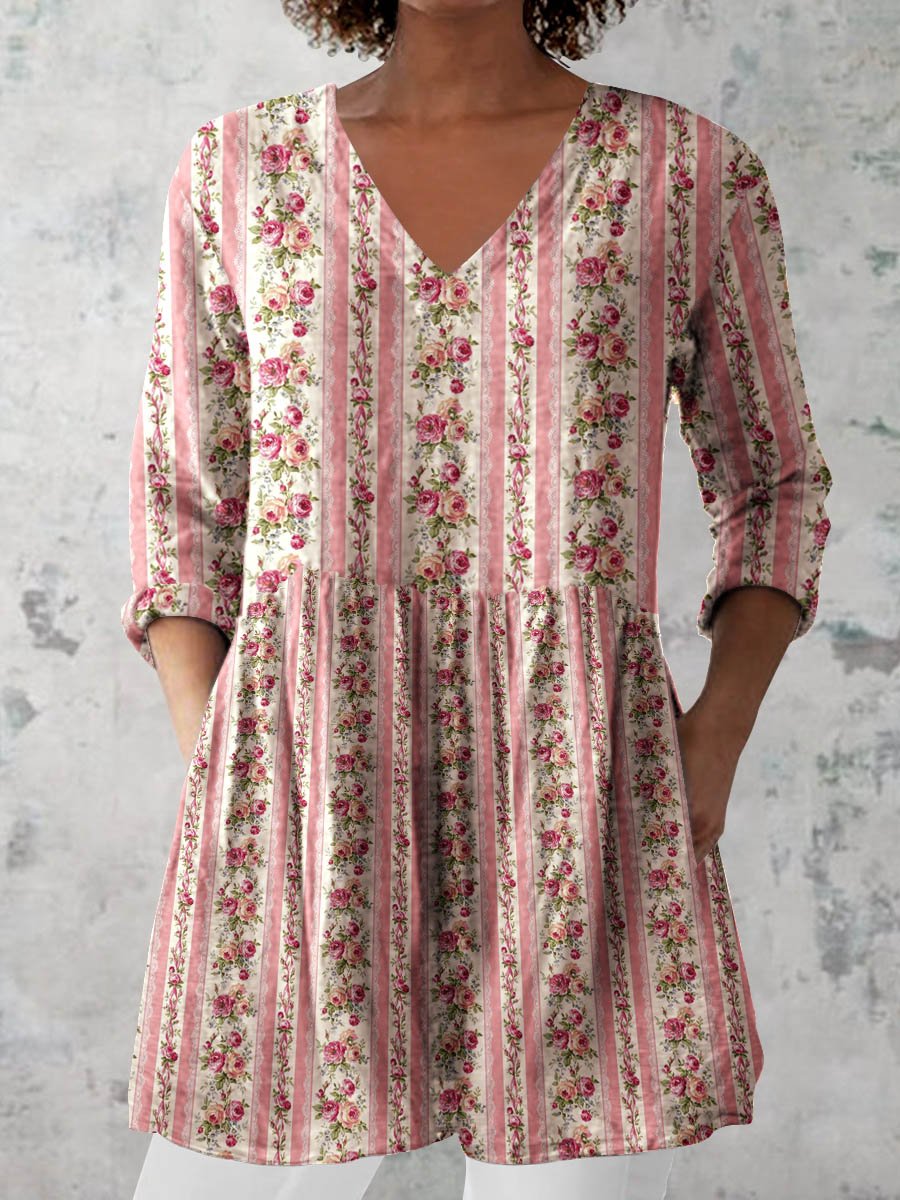 Women's Retro Floral Art Print Casual Cotton And Linen V-neck Top