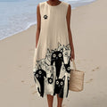 Comstylish Women's Vintage Cat's Abstract Art Linen Tank Midi Dress