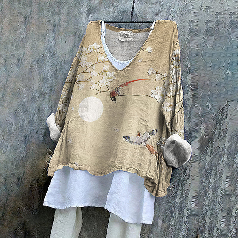 Comstylish Flower And Bird Print V-Neck Casual Blouse