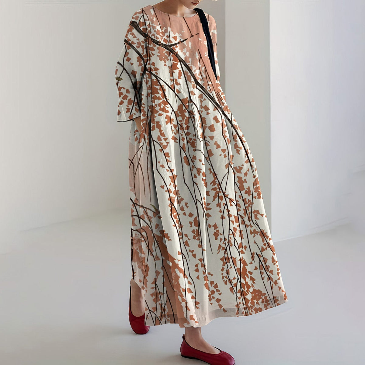 Comstylish Women's Japanese Flower Art Print Crew Neck Loose Midi Dress