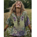 Classy Gradient Purple Lavender And Floral Embroidered Linen Short Sleeve T-shirt