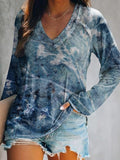 Women's Casual Vintage Floral Art Print V Neck Long Sleeve Tops