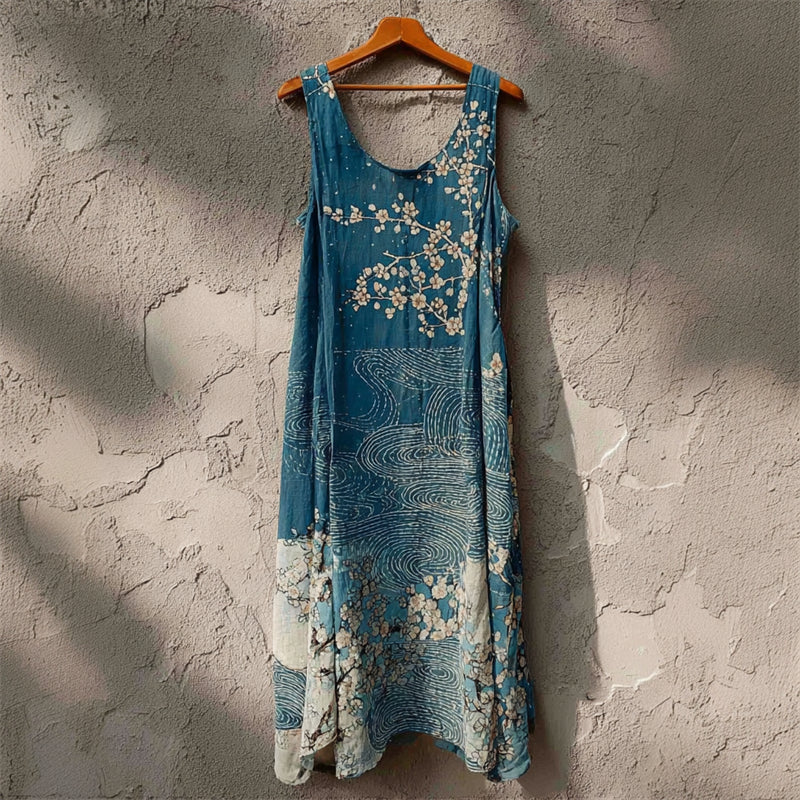 Comstylish Almond Blossom Sea Waves Japanese Art Linen Tank Dress