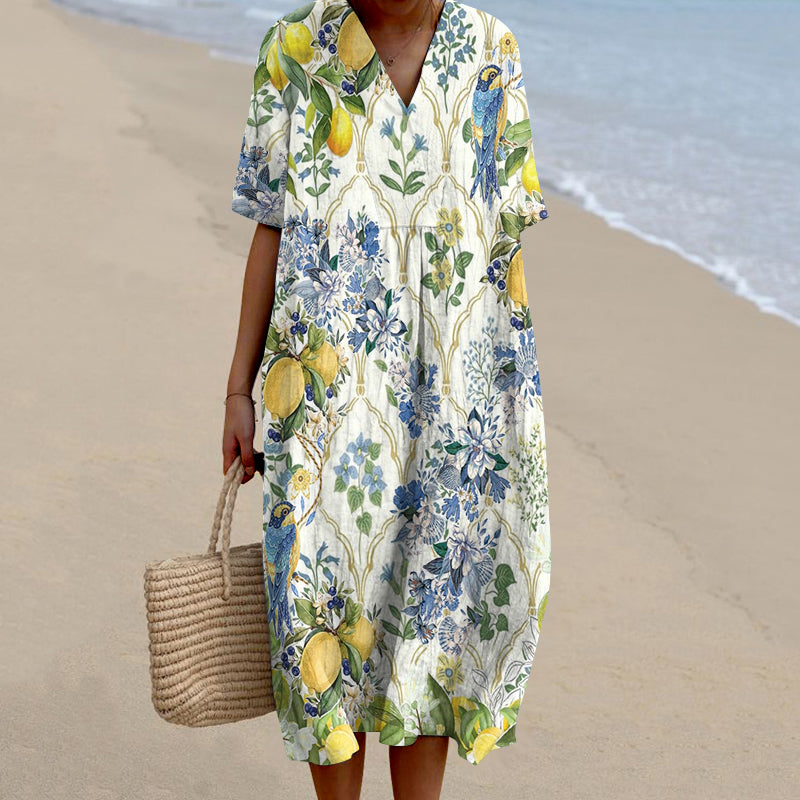 Comstylish Almafi Lemon Flower And Bird Pattern Short Sleeve Midi Dress