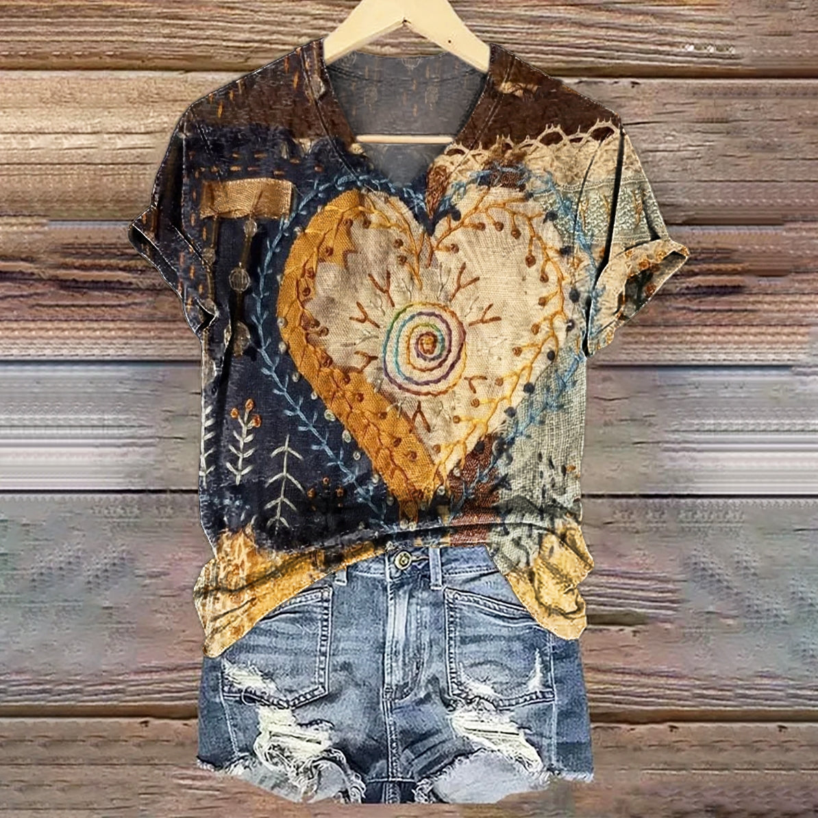 Comstylish Women's Retro Ethnic Style Heart Shaped Collage Art Print V-neck Casual T-shirt