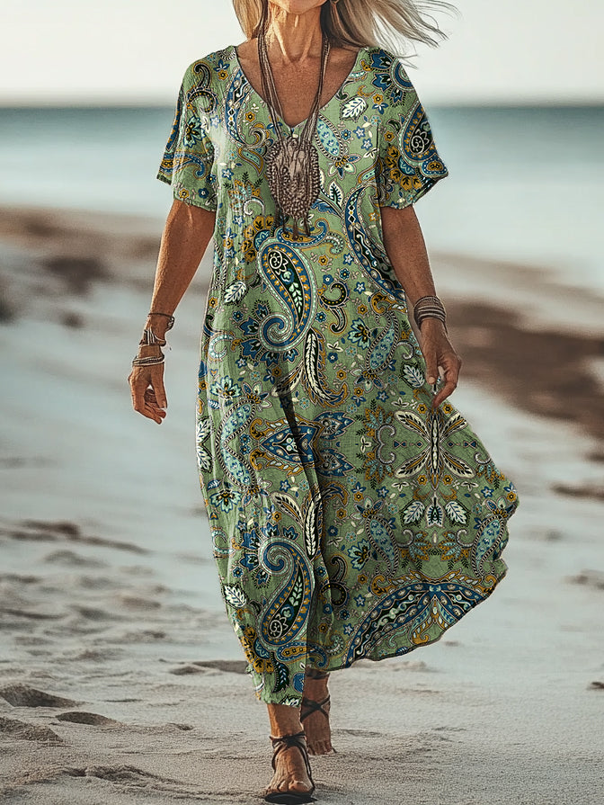 Women's Retro Paisley Floral Art Print Pocket Cotton Dress